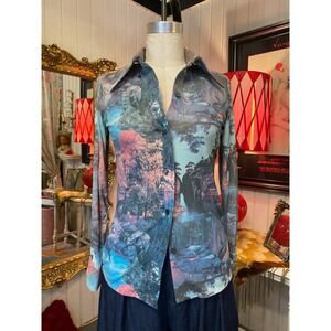 Vintage 1970s scenic polyester shirt dagger collar novelty print button up small